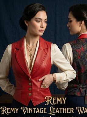 Remy Vintage red Leather Paisley Back Waistcoat Vest Red 8